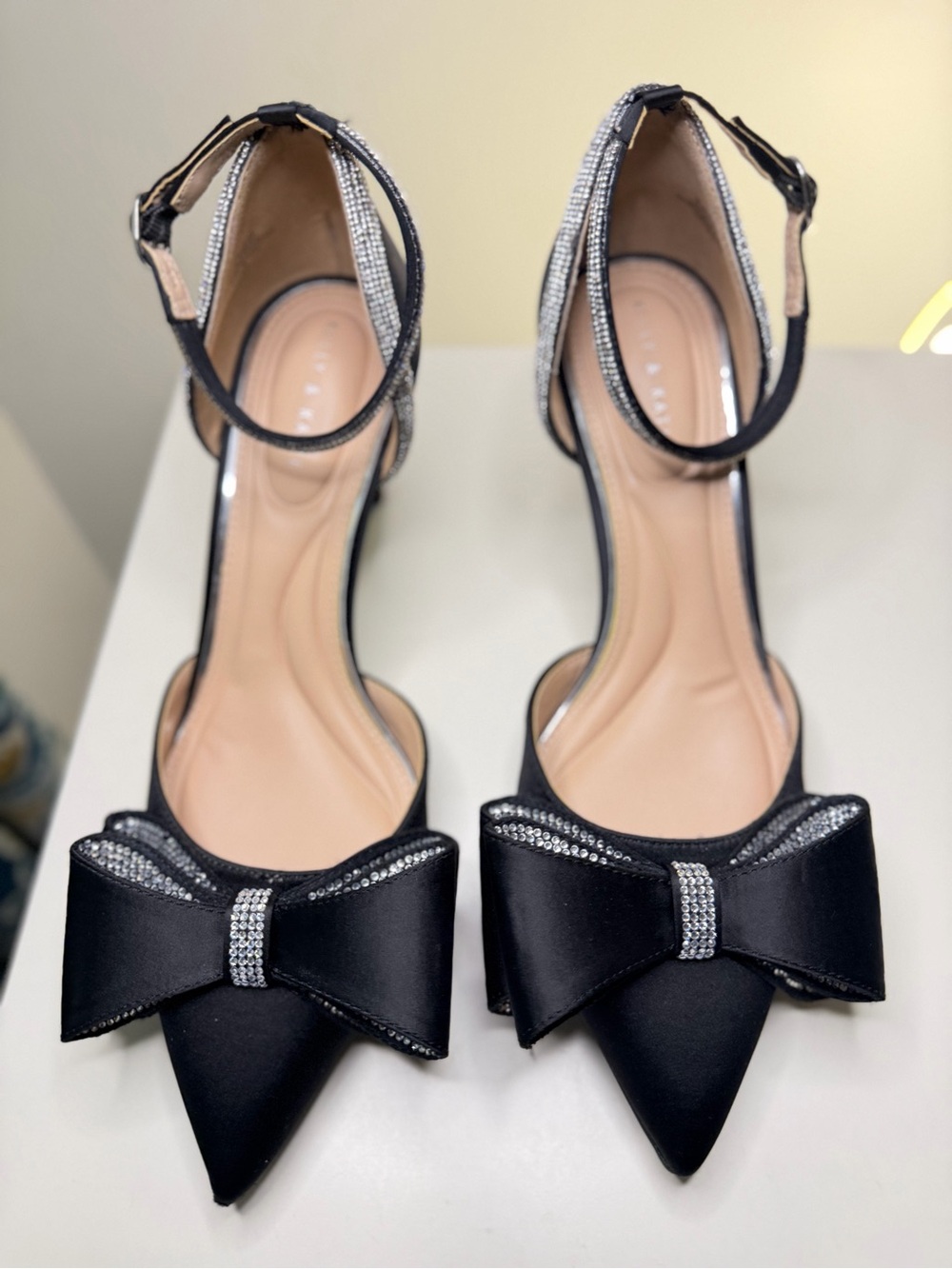 Kelly & Katie Black Satin Pointed-Toe Bow Ankle-Strap Heels with Crystal Trim